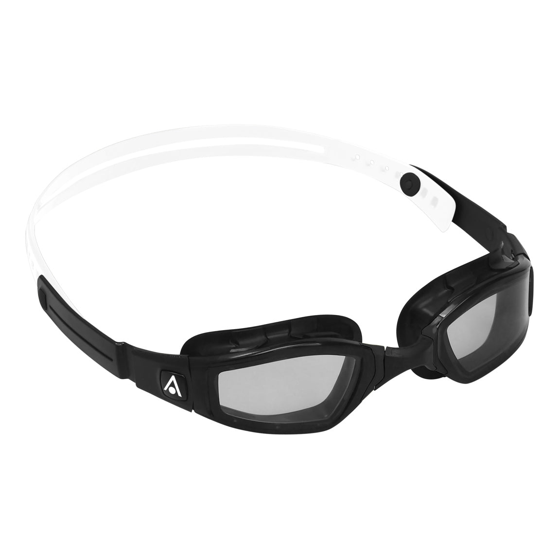 Aquasphere Ninja swim goggles with smoke lens and black and white frame, front view