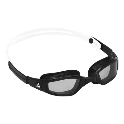 Aquasphere Ninja swim goggles with smoke lens and black and white frame, angled view