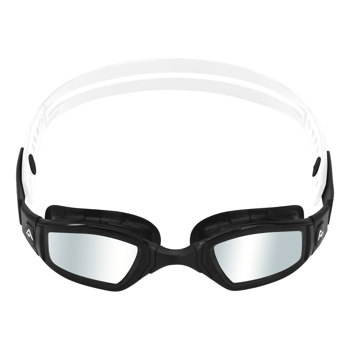 Aquasphere Ninja swim goggles with silver mirrored lens and black and white frame, front view