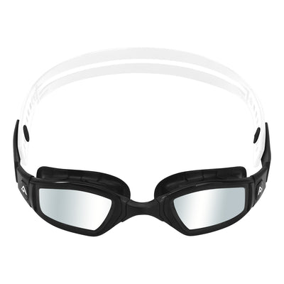 Aquasphere Ninja swim goggles with silver mirrored lens and black and white frame, front view