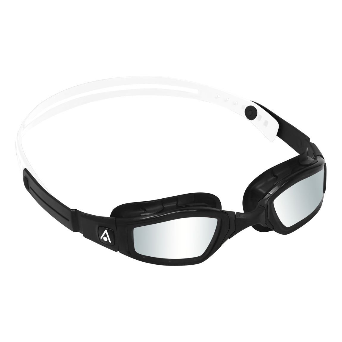Aquasphere Ninja swim goggles with silver mirrored lens and black and white frame, second angled view