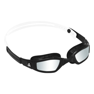 Aquasphere Ninja swim goggles with silver mirrored lens and black and white frame, second angled view