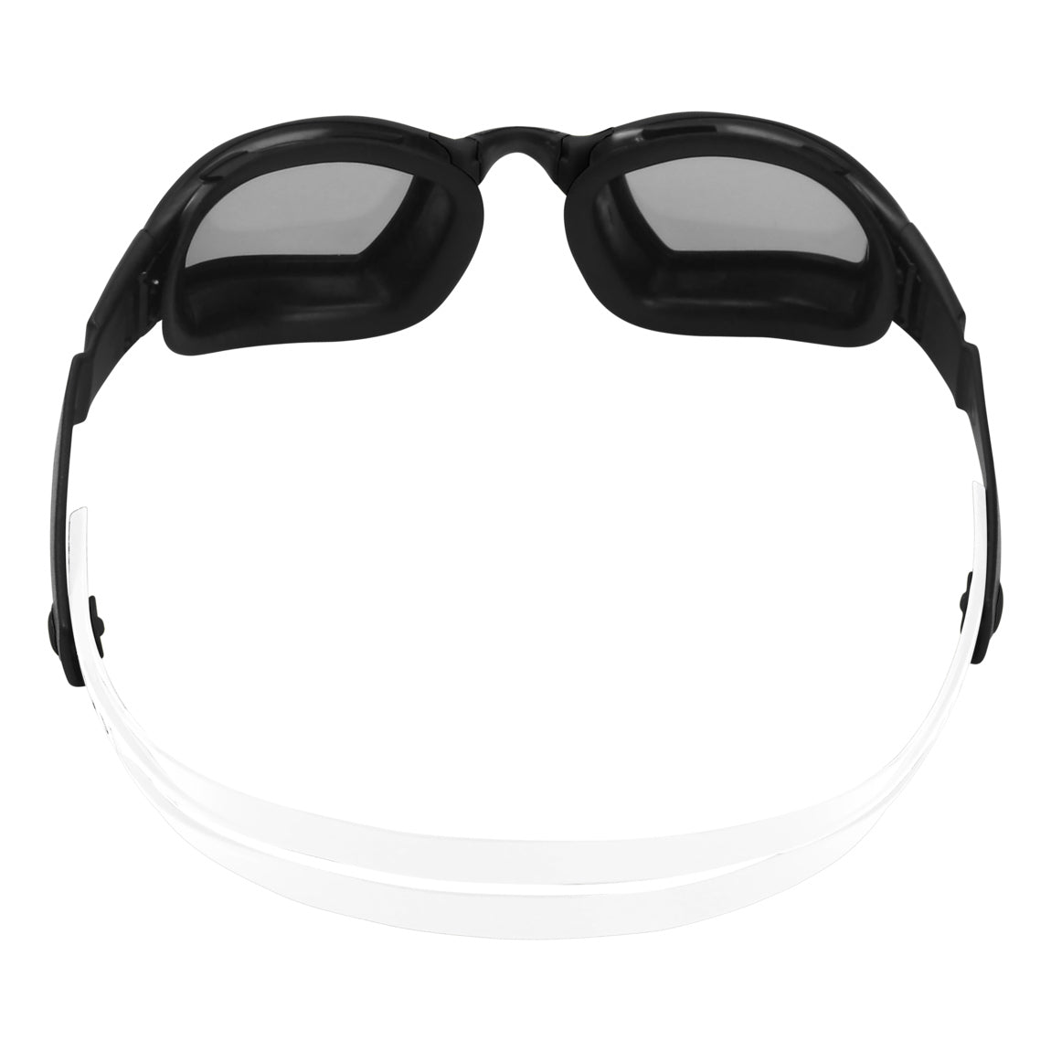 Aquasphere Ninja swim goggles with silver mirrored lens and black and white frame, view from behind showing the strap