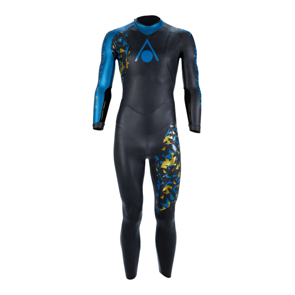 Aquasphere Phantom V3 mens triathlon wetsuit from the front, black with blue arms and gold camo side panels