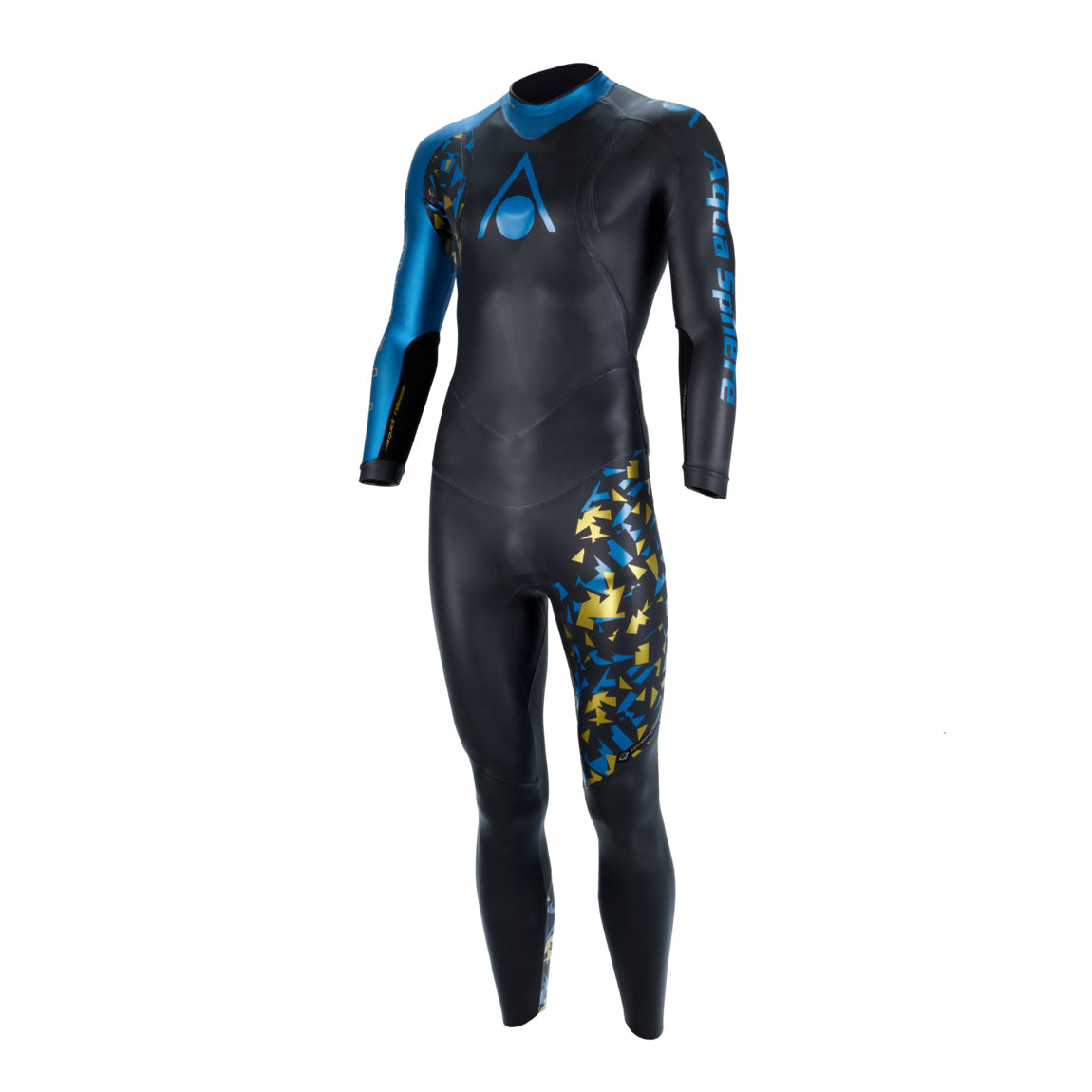 Aquasphere Phantom V3 mens triathlon wetsuit from the front, black with blue arms and gold camo side panels