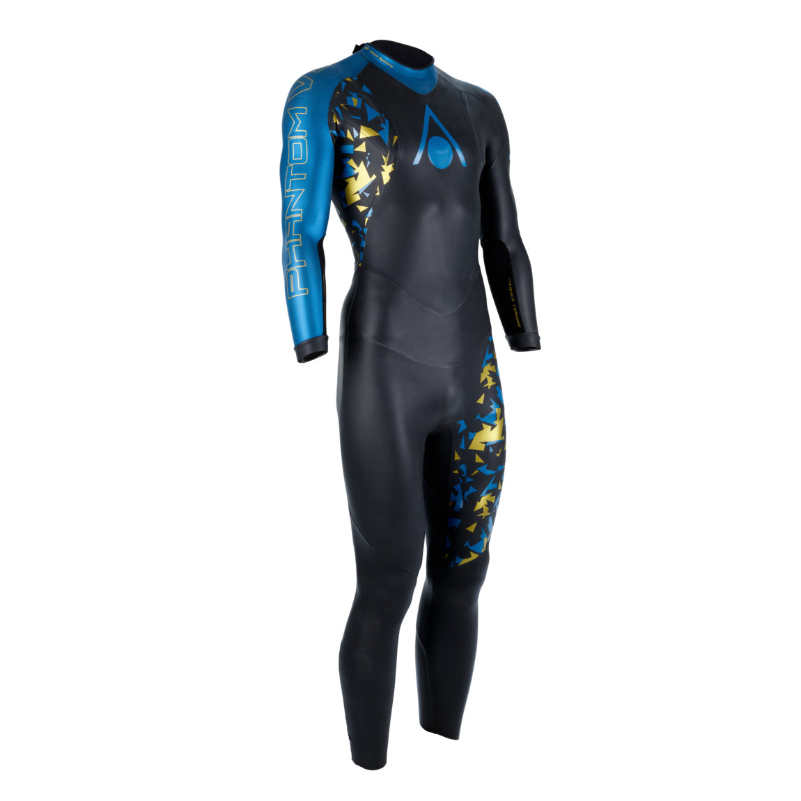 Aquasphere Phantom V3 mens triathlon wetsuit from the front, black with blue arms and gold camo side panels