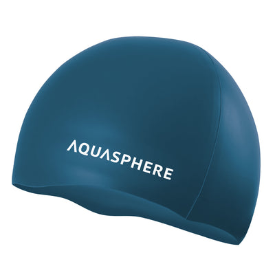 Aquasphere plain silicone swim cap in petrol blue with a white logo