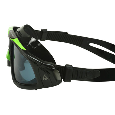 Aquasphere Seal 2.0 swim mask with smoke lens and black and green frame, side detail view