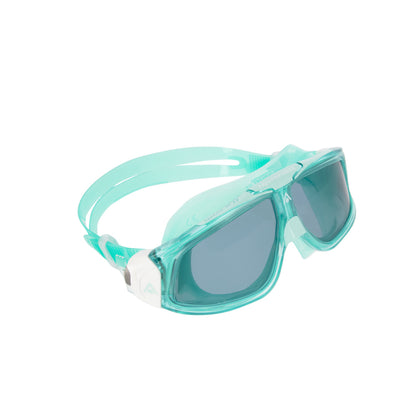 Aquasphere Seal 2.0 swim mask with smoke lens and green frame, angled view
