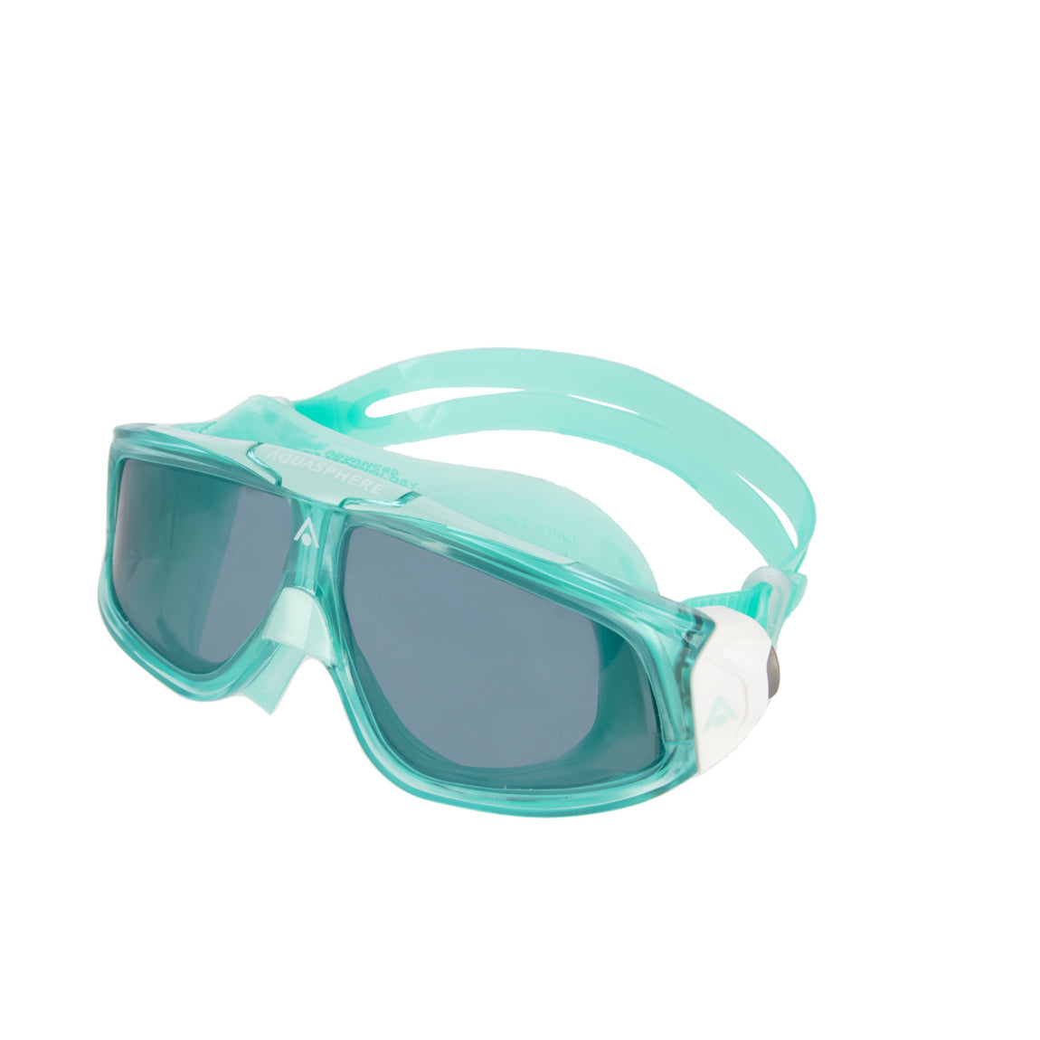 Aquasphere Seal 2.0 swim mask with smoke lens and green frame, second angled view