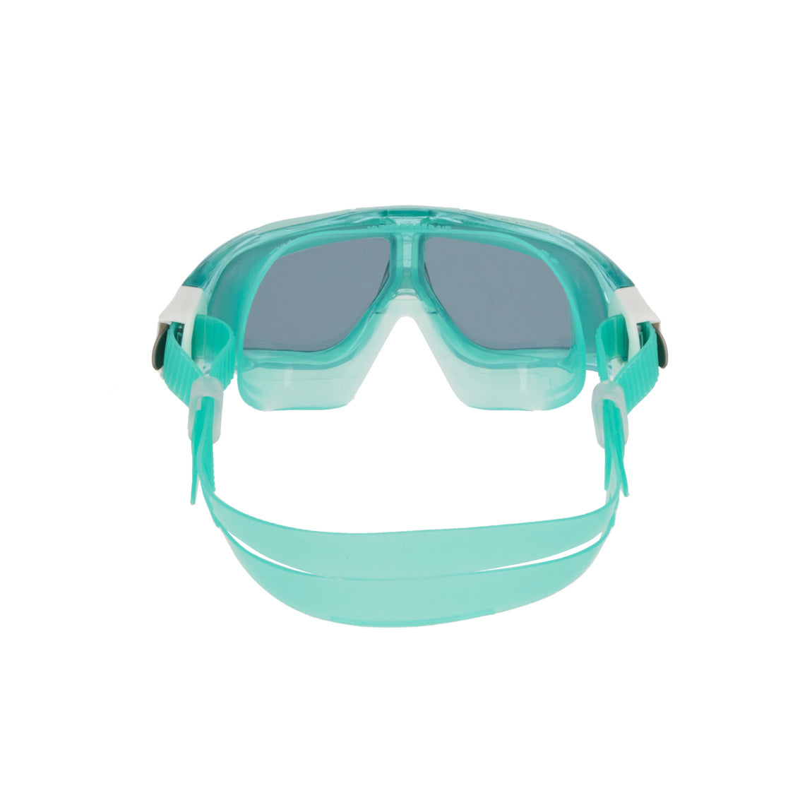 Aquasphere Seal 2.0 swim mask with smoke lens and green frame, view from behind showing the strap