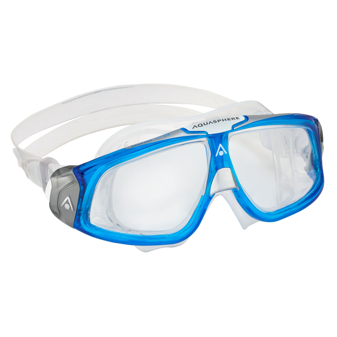 Aquasphere Seal 2.0 swim mask with clear lens and blue and white frame, front view