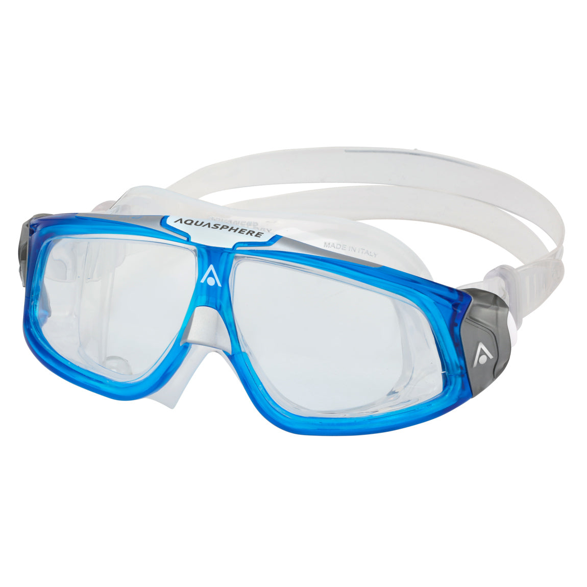 Aquasphere Seal 2.0 swim mask with clear lens and blue and white frame, front view
