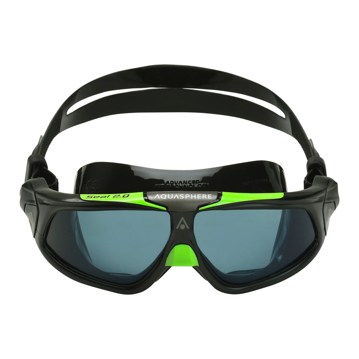 Aquasphere Seal 2.0 swim mask with smoke lens and black and green frame, front view