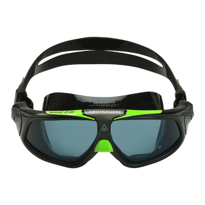 Aquasphere Seal 2.0 swim mask with smoke lens and black and green frame, front view