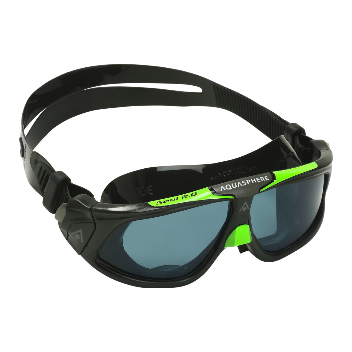 Aquasphere Seal 2.0 swim mask with smoke lens and black and green frame, angled view