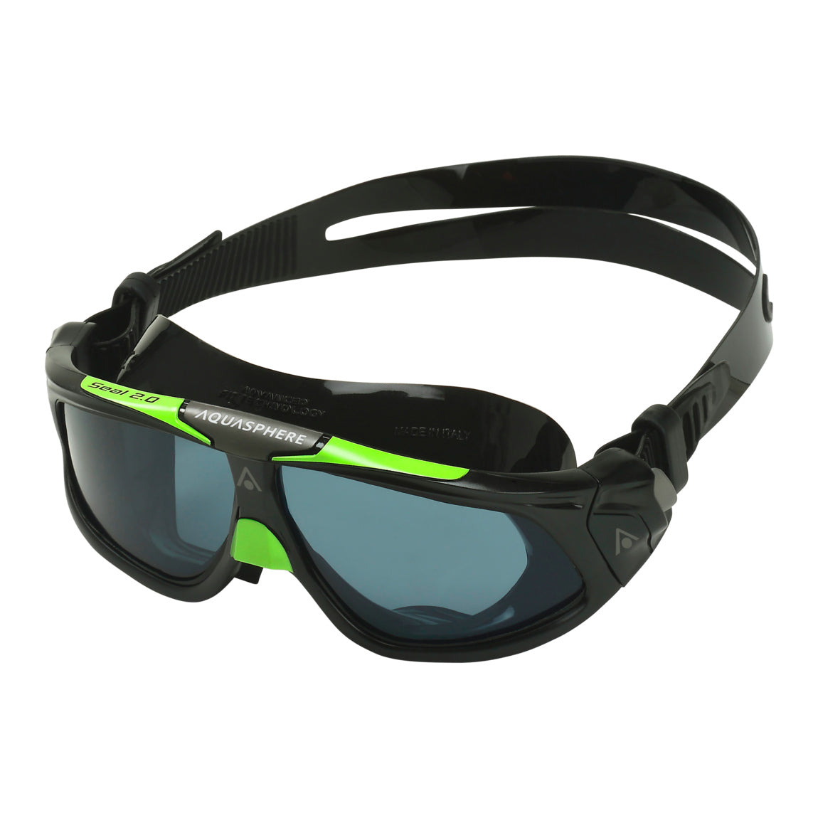Aquasphere Seal 2.0 swim mask with smoke lens and black and green frame, second angled view