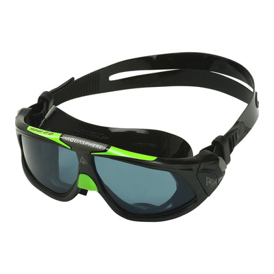 Aquasphere Seal 2.0 swim mask with smoke lens and black and green frame, second angled view