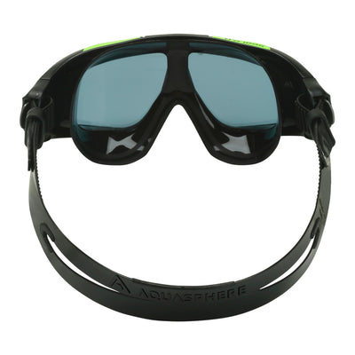 Aquasphere Seal 2.0 swim mask with smoke lens and black and green frame, view from behind showing the strap