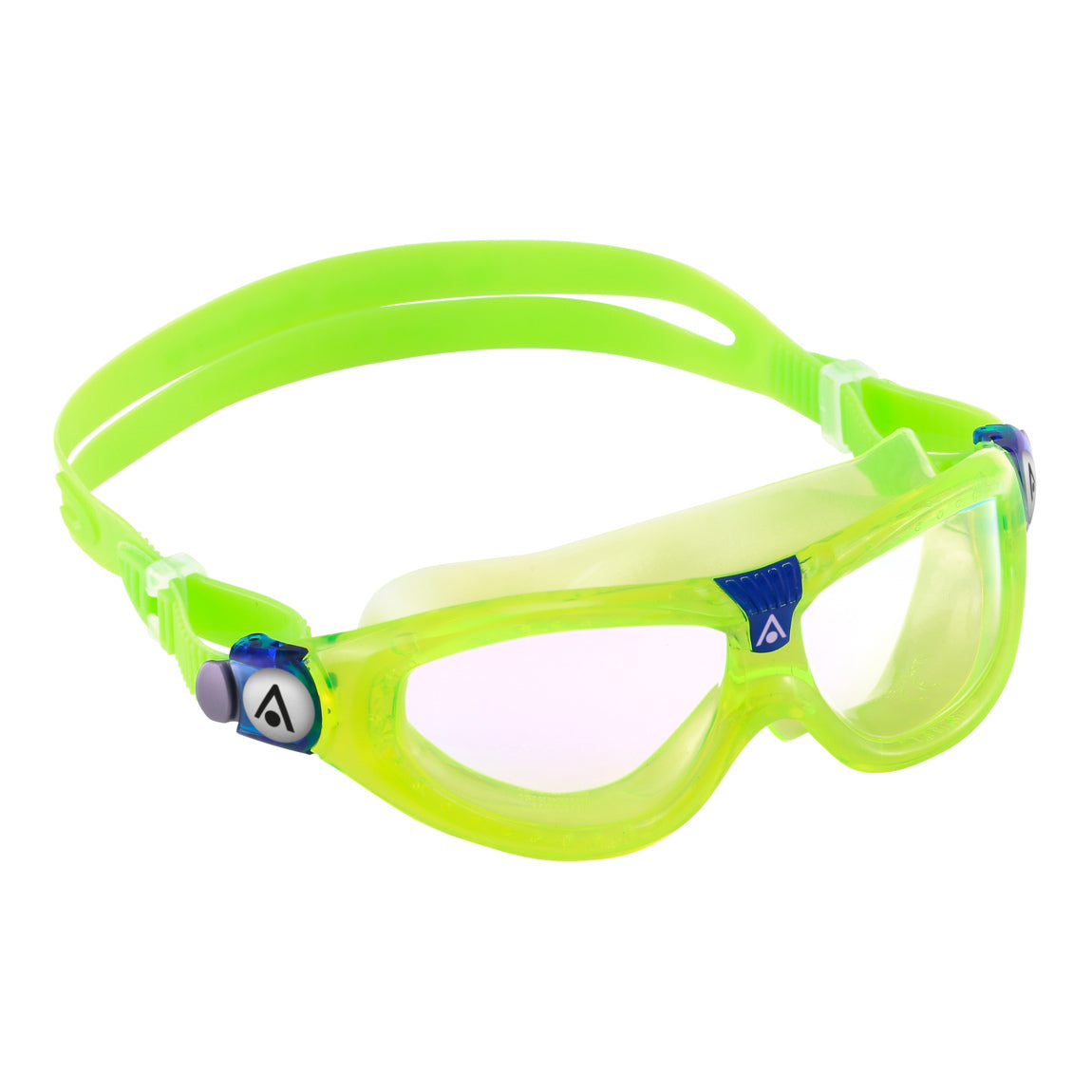 Aquasphere Seal Kid 2 swim mask with clear lens and lime frame, angled view
