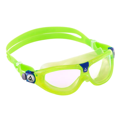 Aquasphere Seal Kid 2 swim mask with clear lens and lime frame, angled view