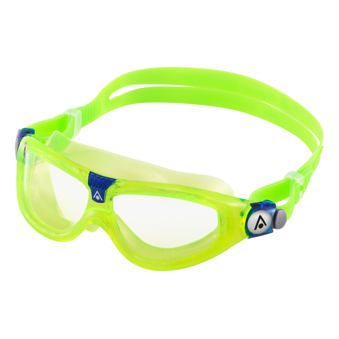 Aquasphere Seal Kid 2 swim mask with clear lens and lime frame, second angled view