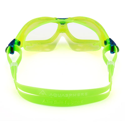 Aquasphere Seal Kid 2 swim mask with clear lens and lime frame, view from behind showing the strap