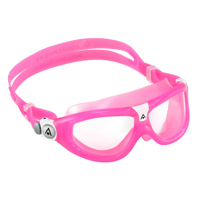 Aquasphere Seal Kid 2 swim mask with clear lens and pink frame, angled view