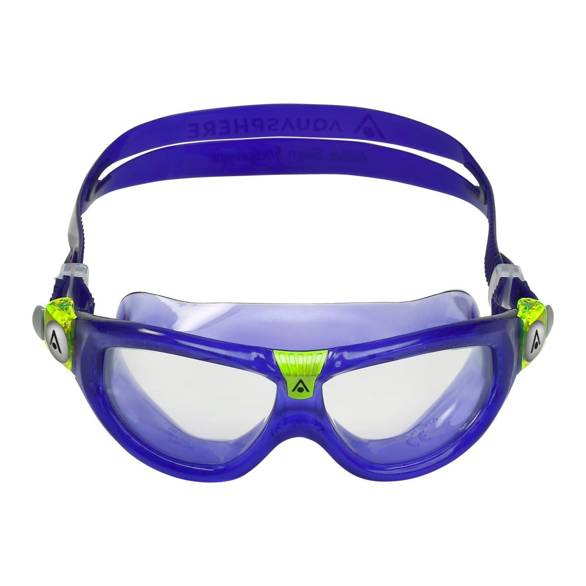 Aquasphere Seal Kid 2 swim mask with clear lens and purple frame, front view