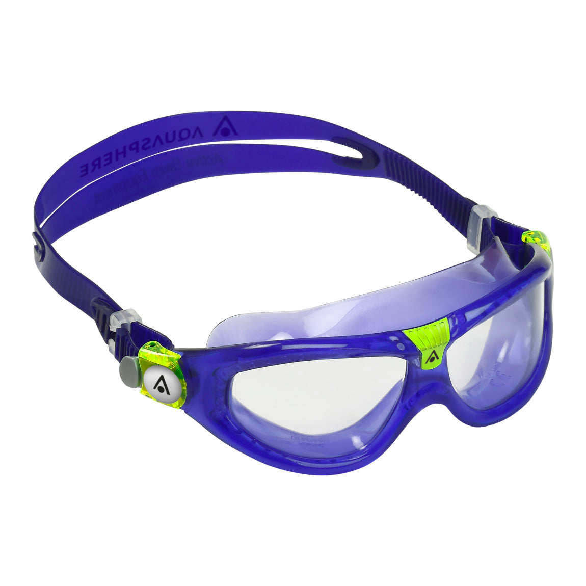 Aquasphere Seal Kid 2 swim mask with clear lens and purple frame, angled view