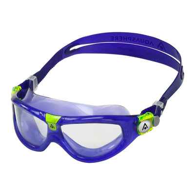 Aquasphere Seal Kid 2 swim mask with clear lens and purple frame, second angled view
