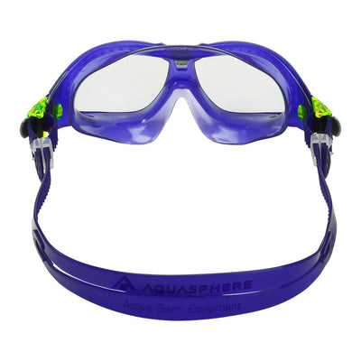 Aquasphere Seal Kid 2 swim mask with clear lens and purple frame, view from behind showing the strap