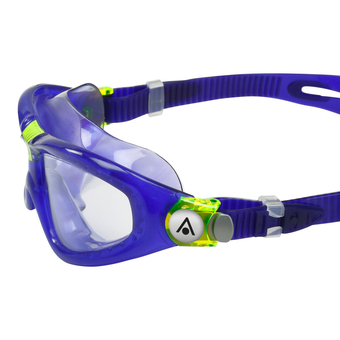 Aquasphere Seal Kid 2 swim mask with clear lens and purple frame, side detail view