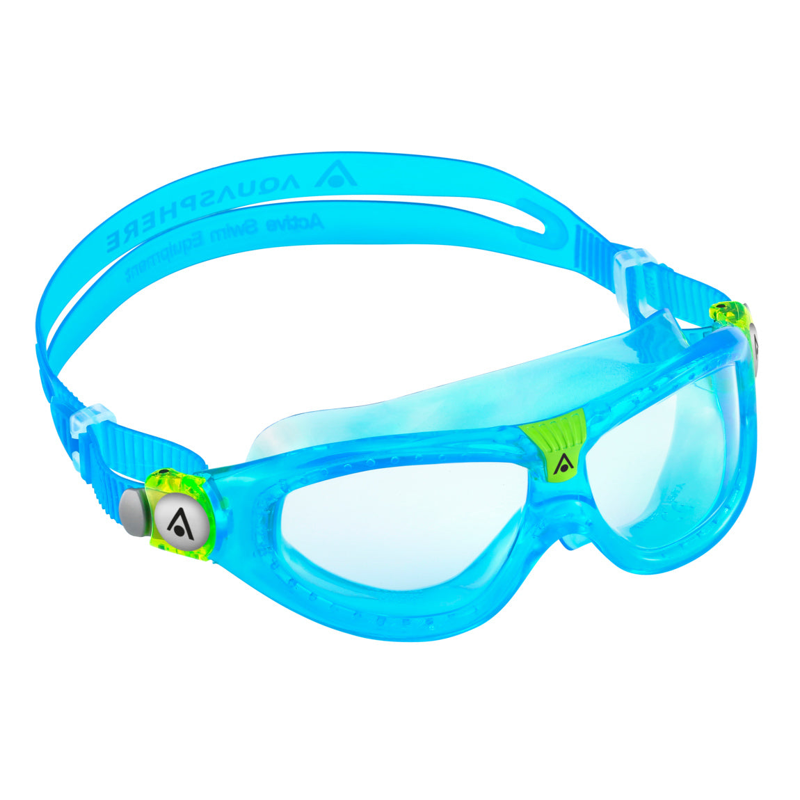 Aquasphere Seal Kid 2 swim mask with clear lens and turquoise frame, angled view