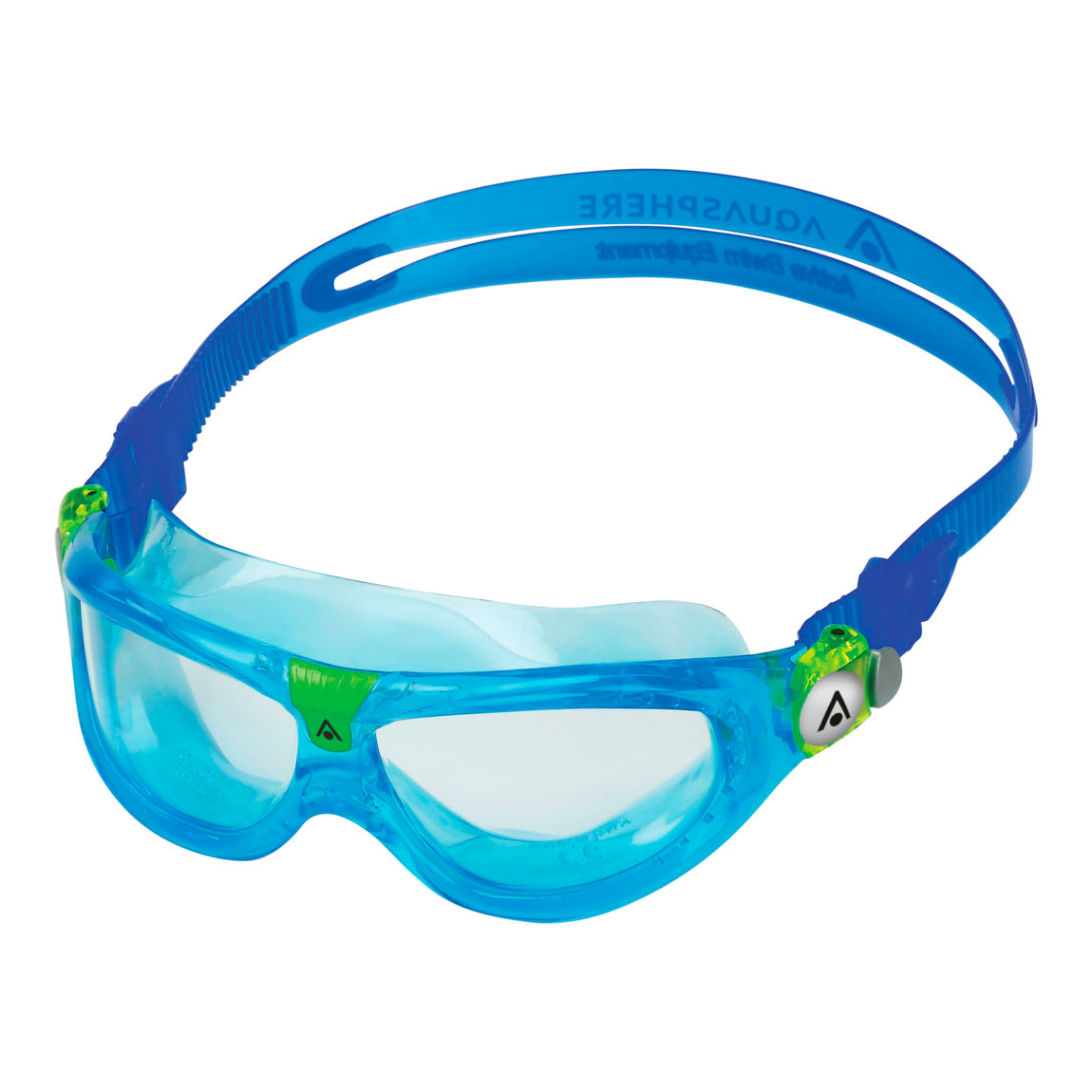 Aquasphere Seal Kid 2 swim mask with clear lens and blue frame, front view