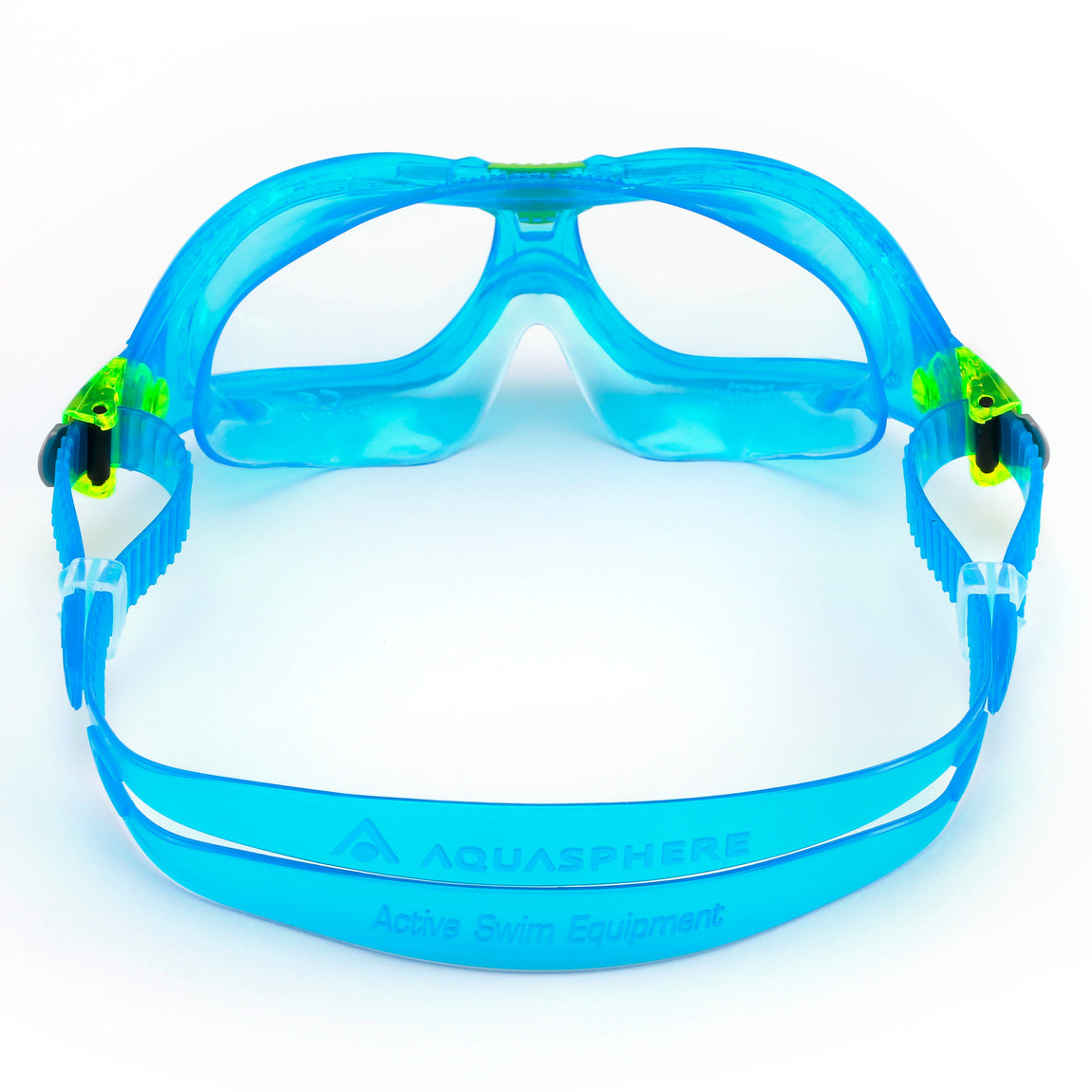 Aquasphere Seal Kid 2 swim mask with clear lens and turquoise frame, view from behind showing the strap