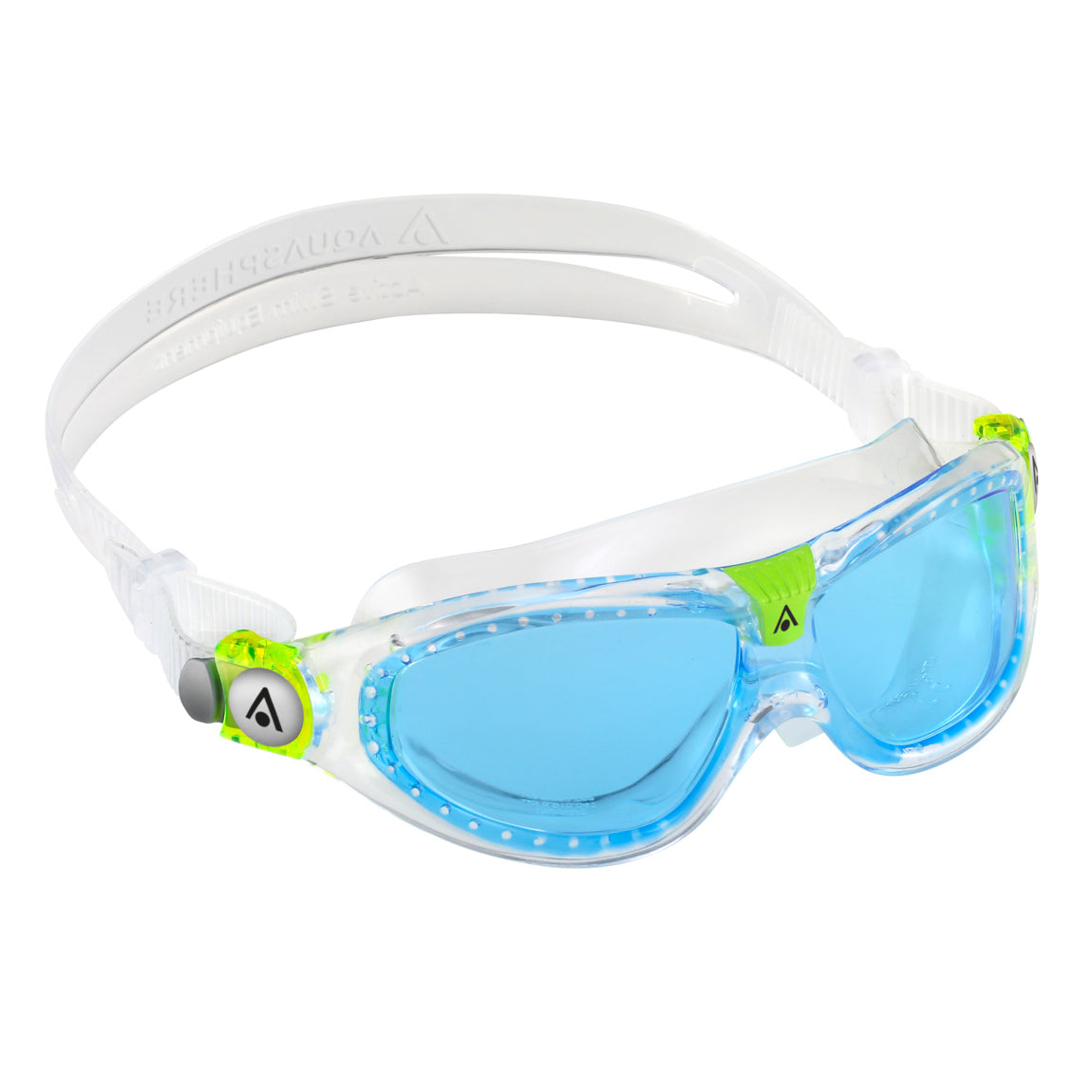 Aquasphere Seal Kid 2 swim mask with blue tinted lens and clear frame, angled view