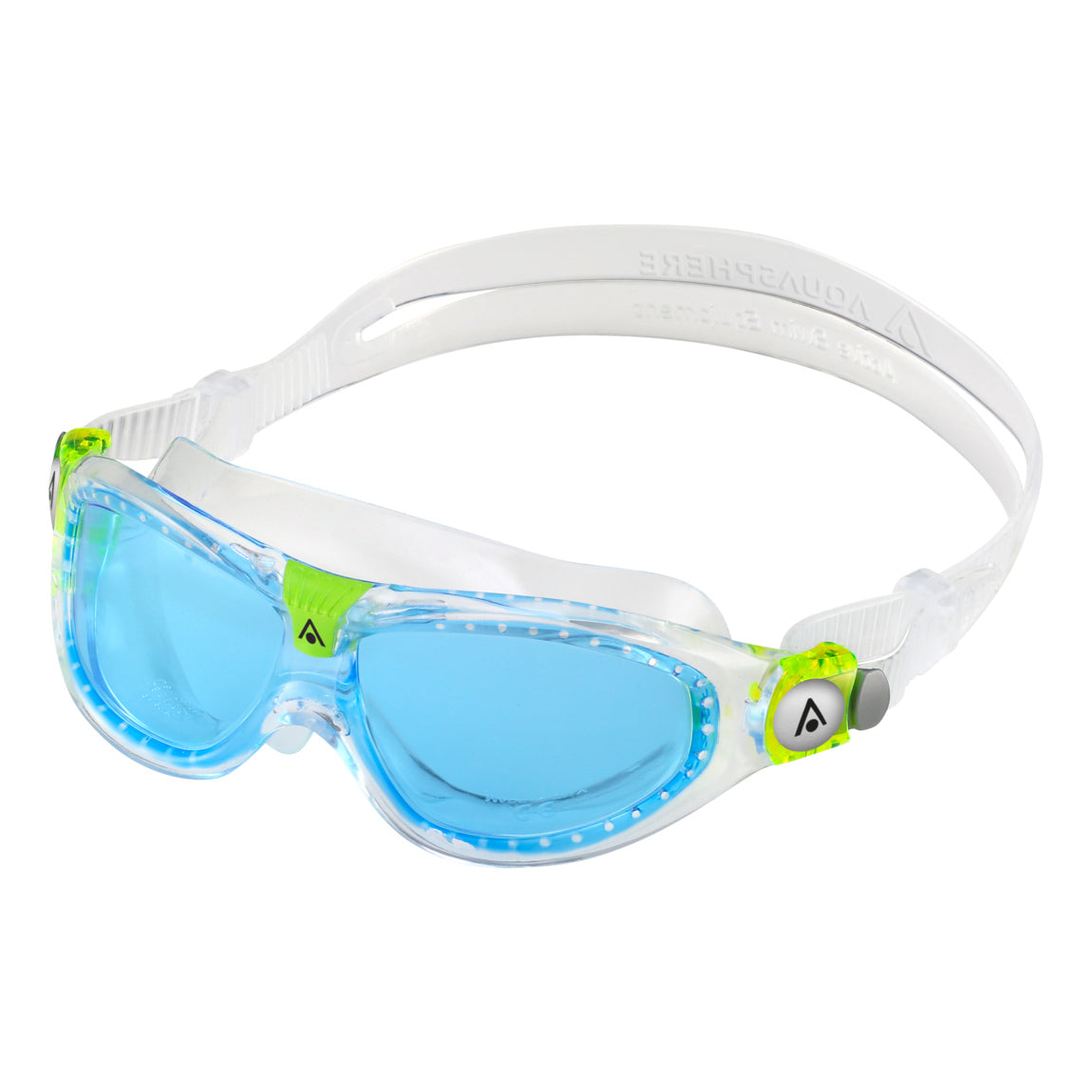 Aquasphere Seal Kid 2 swim mask with blue tinted lens and clear frame, second angled view
