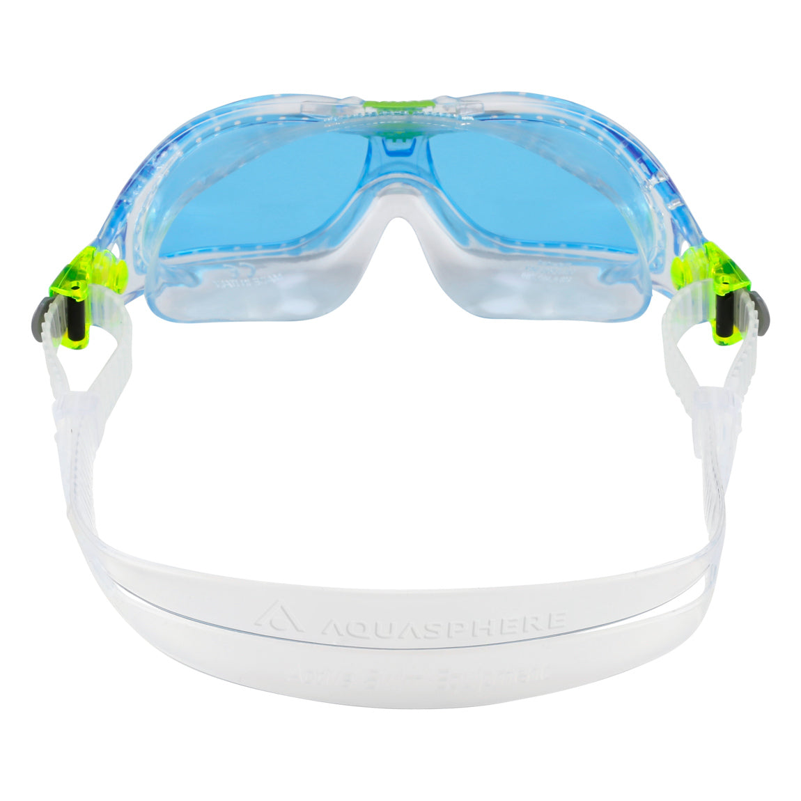 Aquasphere Seal Kid 2 swim mask with blue tinted lens and clear frame, view from behind showing the strap