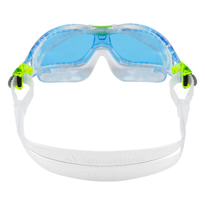 Aquasphere Seal Kid 2 swim mask with blue tinted lens and clear frame, view from behind showing the strap
