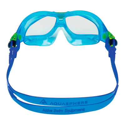 Aquasphere Seal Kid 2 swim mask with clear lens and blue frame, view from behind showing the strap