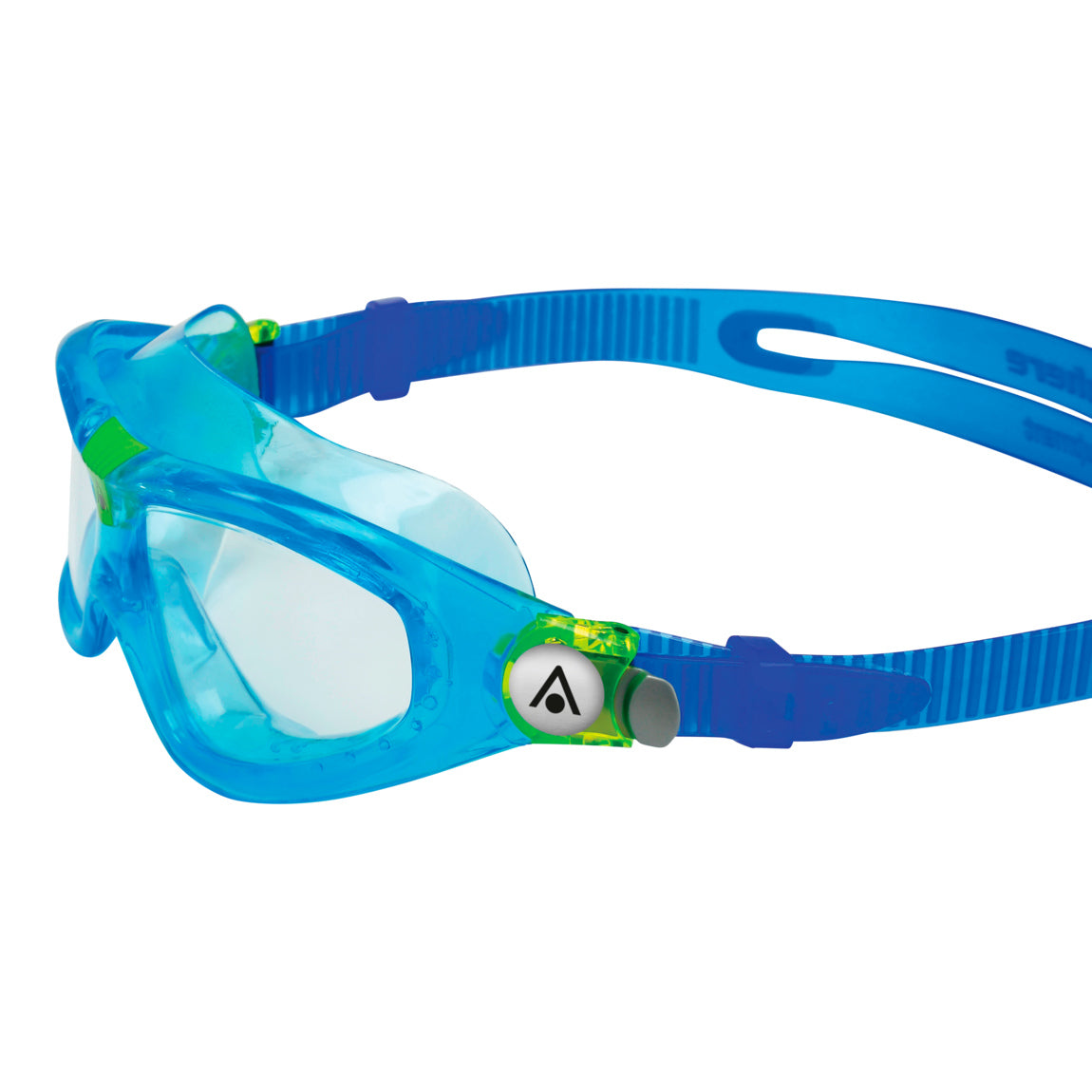 Aquasphere Seal Kid 2 swim mask with clear lens and blue frame, side detail view