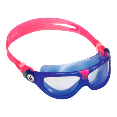 Aquasphere Seal Kid 2 swim mask with clear lens and blue and pink frame, angled view