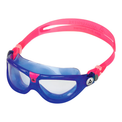 Aquasphere Seal Kid 2 swim mask with clear lens and blue and pink frame, second angled view