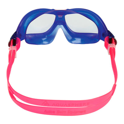 Aquasphere Seal Kid 2 swim mask with clear lens and blue and pink frame, view from behind showing the strap