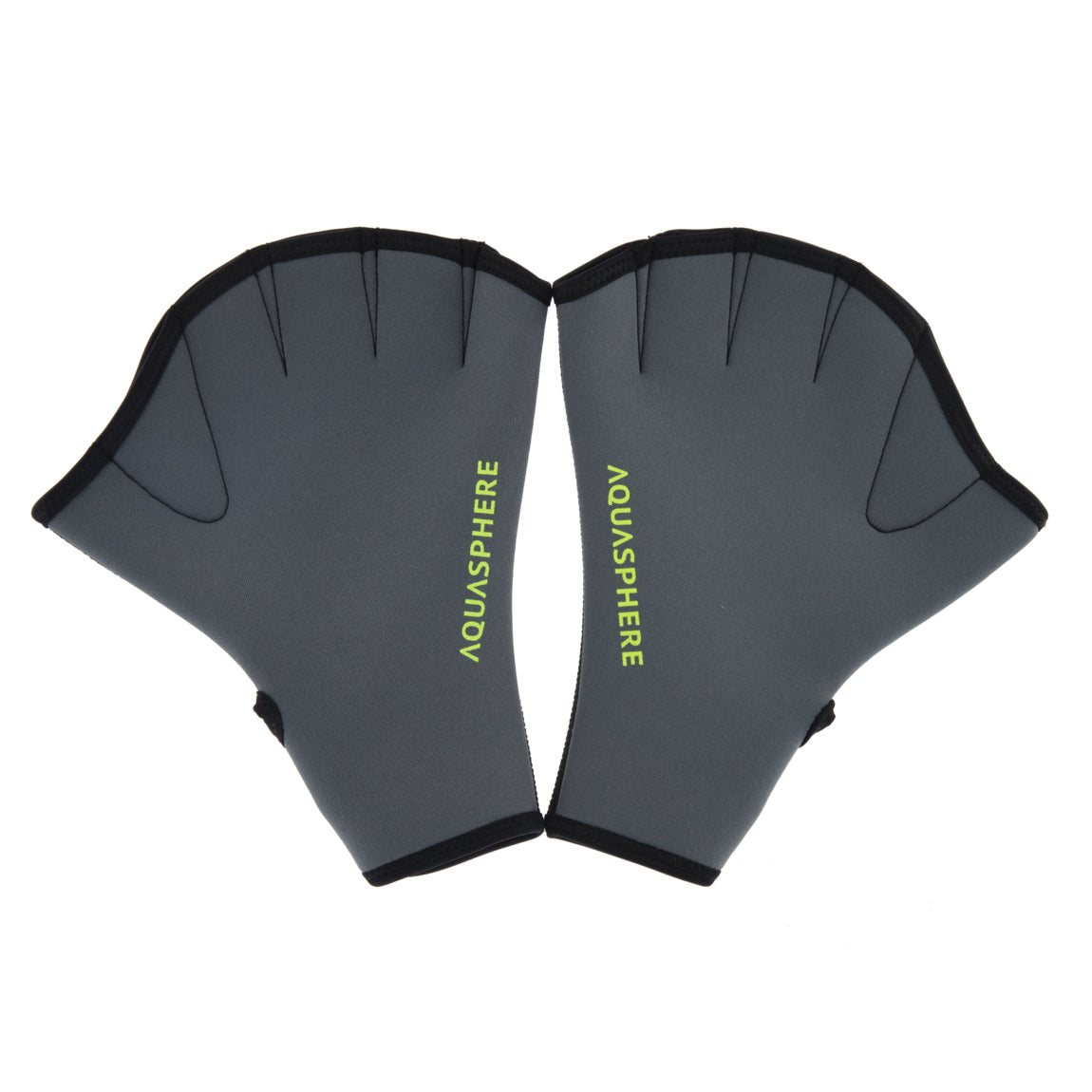 Pair of Aquasphere webbed swim gloves in black and grey with a yellow logo