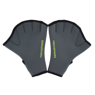 Pair of Aquasphere webbed swim gloves in black and grey with a yellow logo