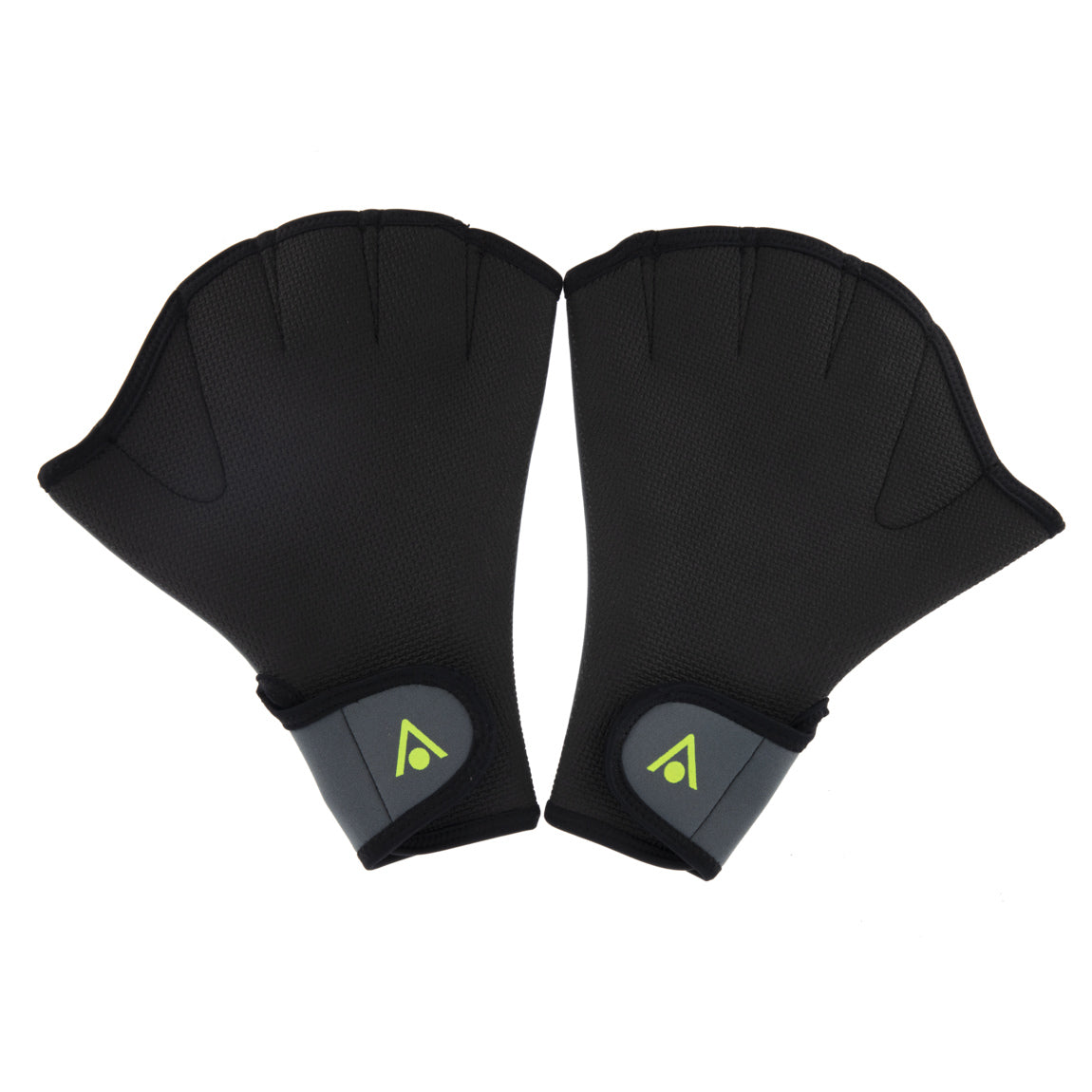 Pair of Aquasphere webbed swim gloves in black and grey with a yellow logo