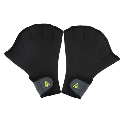 Palm side of the black Aquasphere swim gloves showing the webbing between the fingers