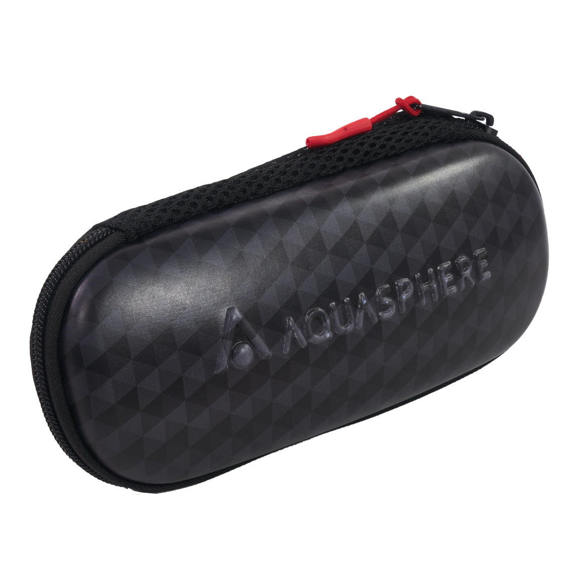 Aquasphere Swim Goggle Case closed, black moulded shell with an embossed logo
